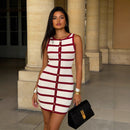 Contrast-color Striped Sleeveless Crew-neck Single-breasted Dress