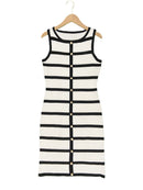 Contrast-color Striped Sleeveless Crew-neck Single-breasted Dress