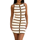 Contrast-color Striped Sleeveless Crew-neck Single-breasted Dress